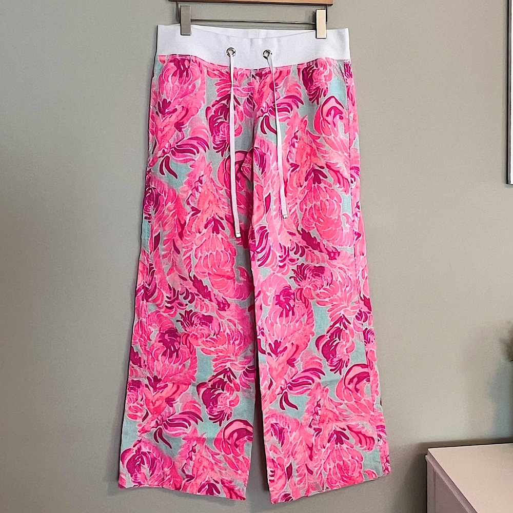 🦩 LILLY PULITZER | L | BEACH PANT | Luxurious LINEN!! | Flamingos 🦩